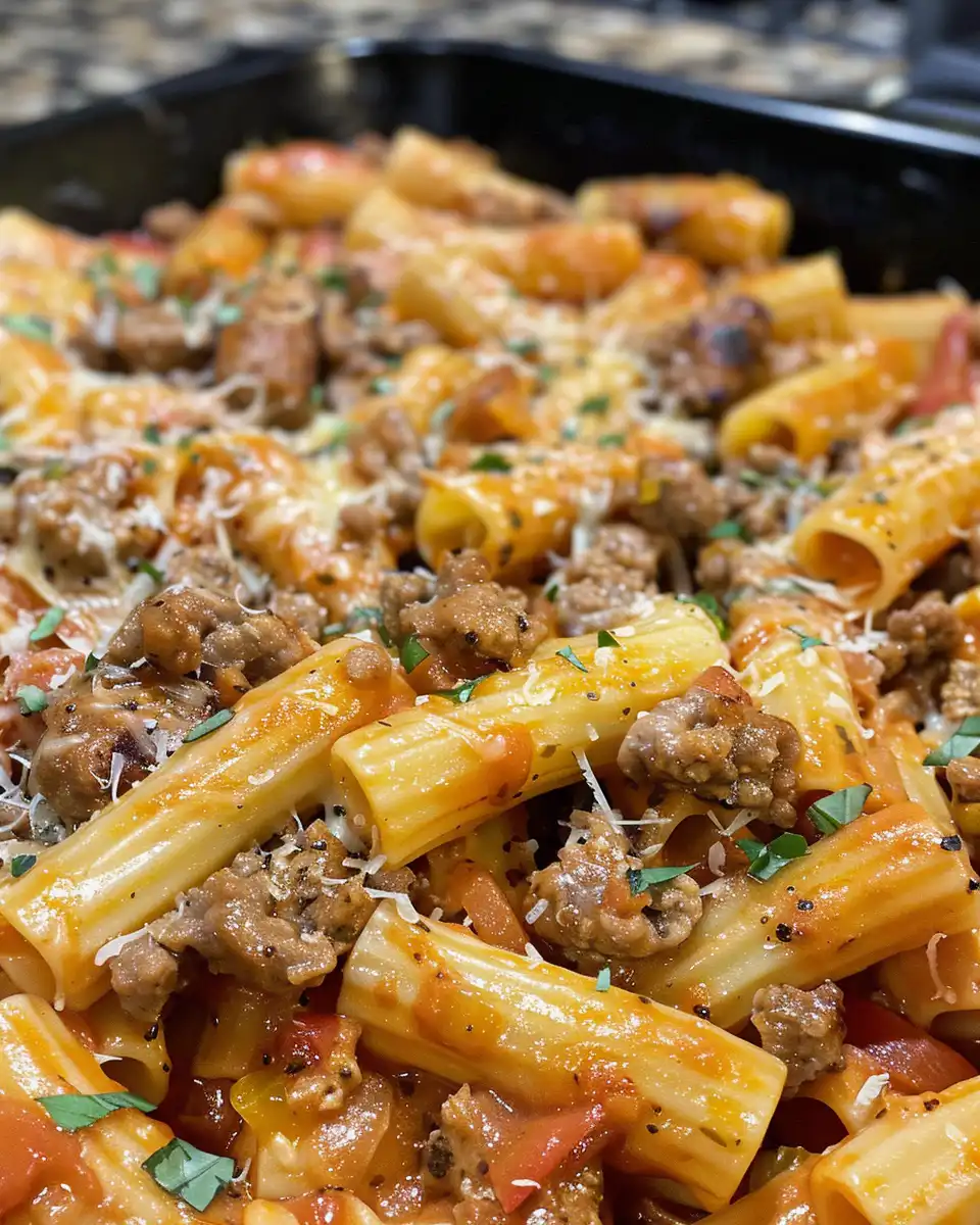 Close up of creamy Italian sausage rigatoni cooking in pot