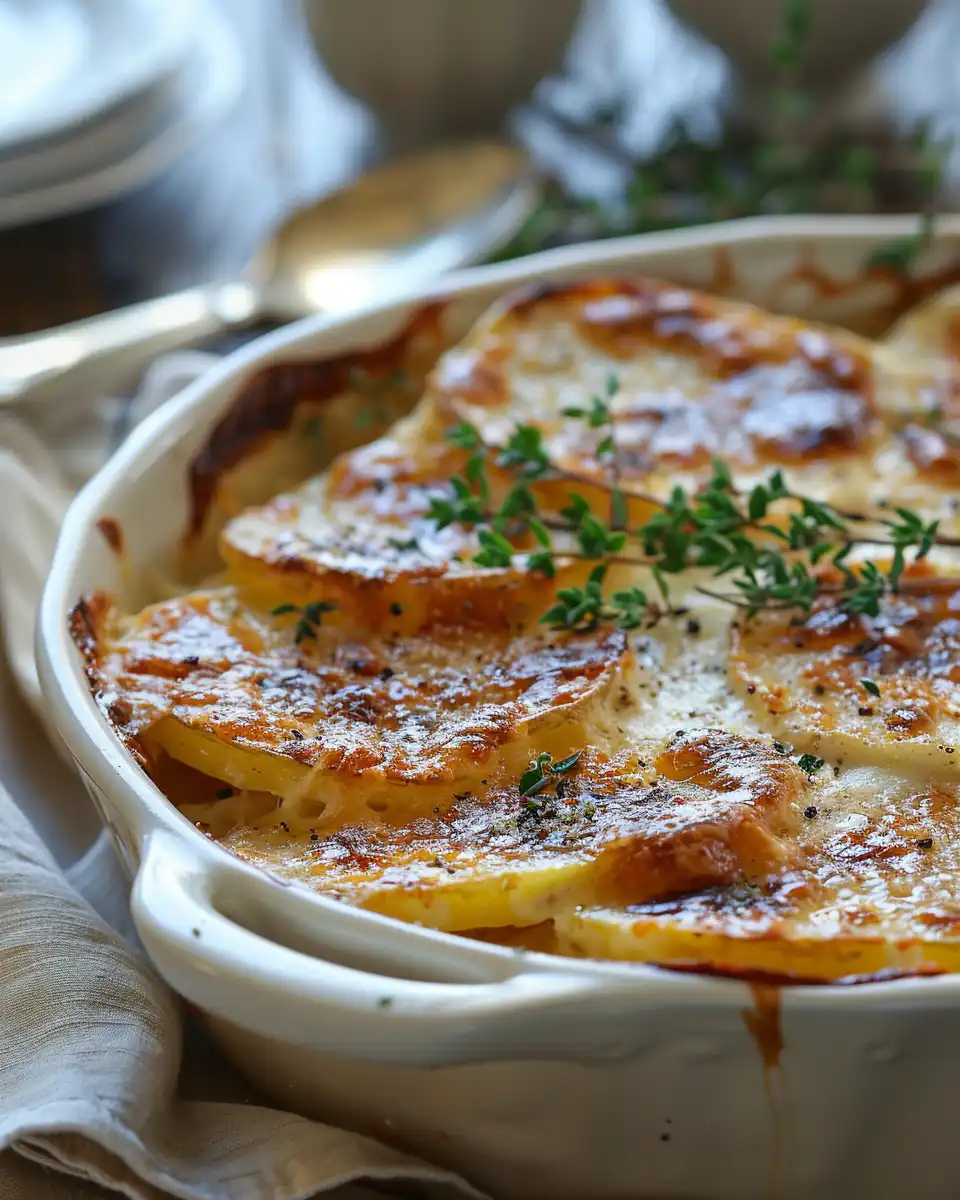 Golden crispy Parmesan crust on creamy scalloped potatoes