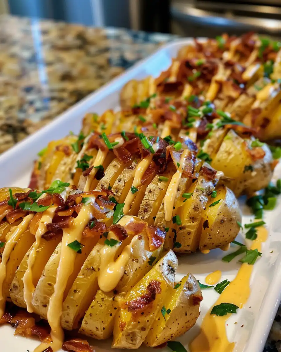 Finished loaded hasselback potatoes topped with sour cream, bacon, cheese and green onions