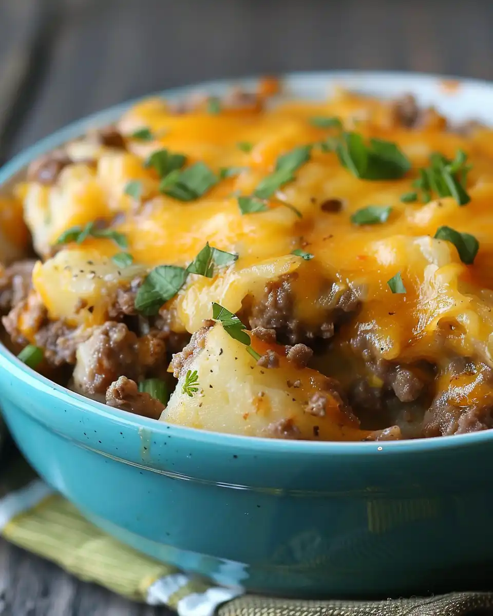 Final cheesy baked hamburger potato casserole in crockpot