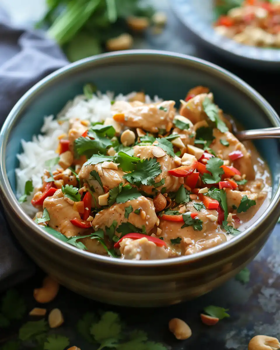 Final cooked slow cooker Thai peanut chicken served in bowl