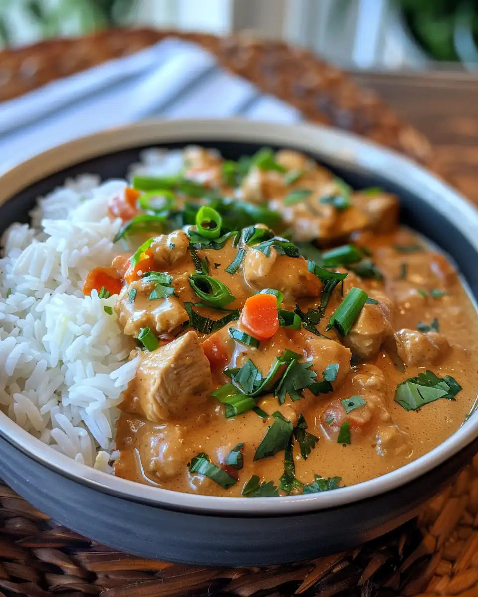 Peanut curry chicken slow cooker dish simmering with aromatic steam