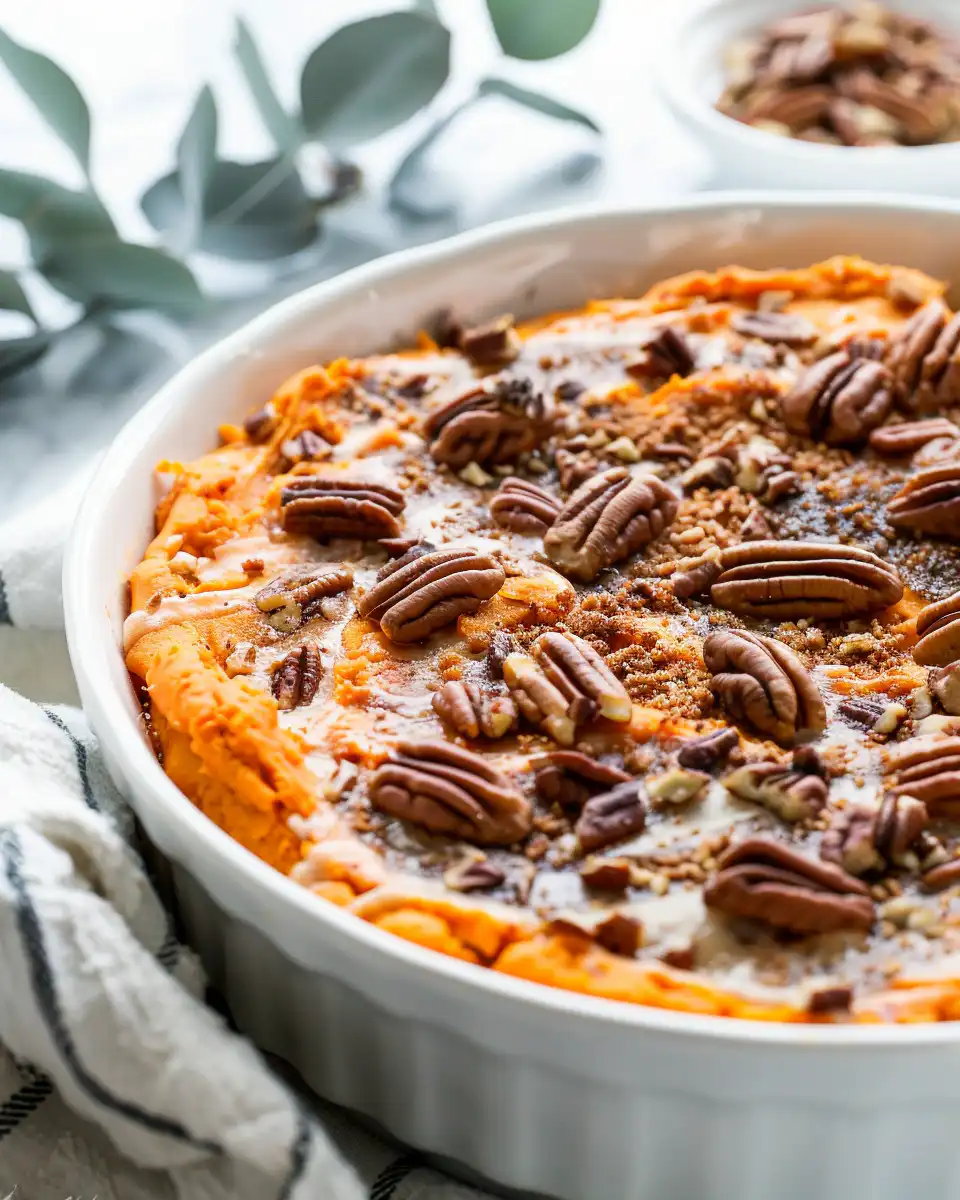 Baked sweet potato casserole with golden brown sugar pecan topping
