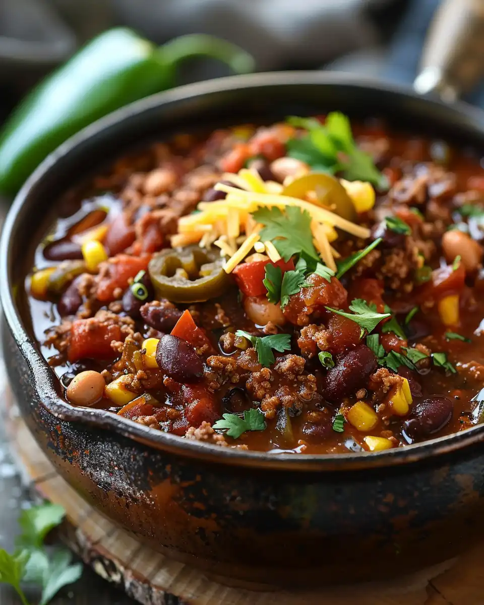 Close-up of chili ingredients including beans, tomato paste, and spices