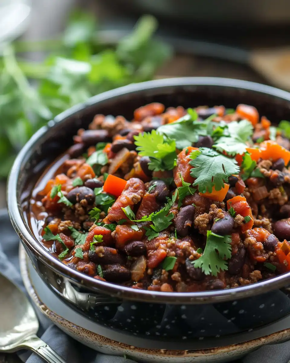 Close-up of skillet chili ingredients including beans, Ro-Tel tomatoes, chili powder, and rice