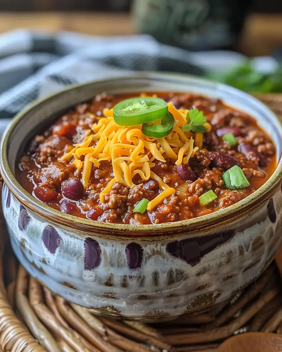 Final skillet chili with melted cheddar cheese served hot on a plate