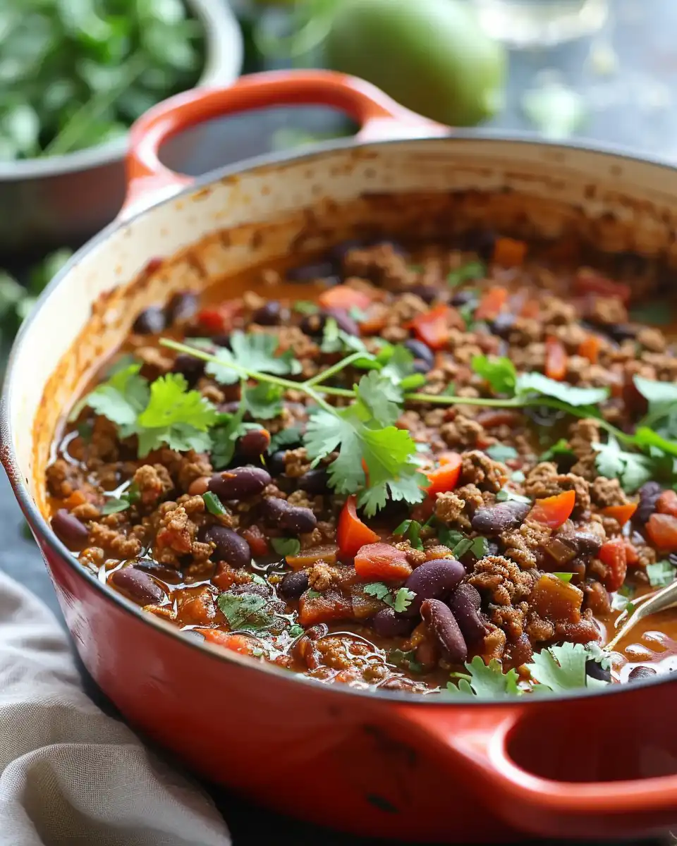 Final skillet chili bake with melted cheddar cheese served hot
