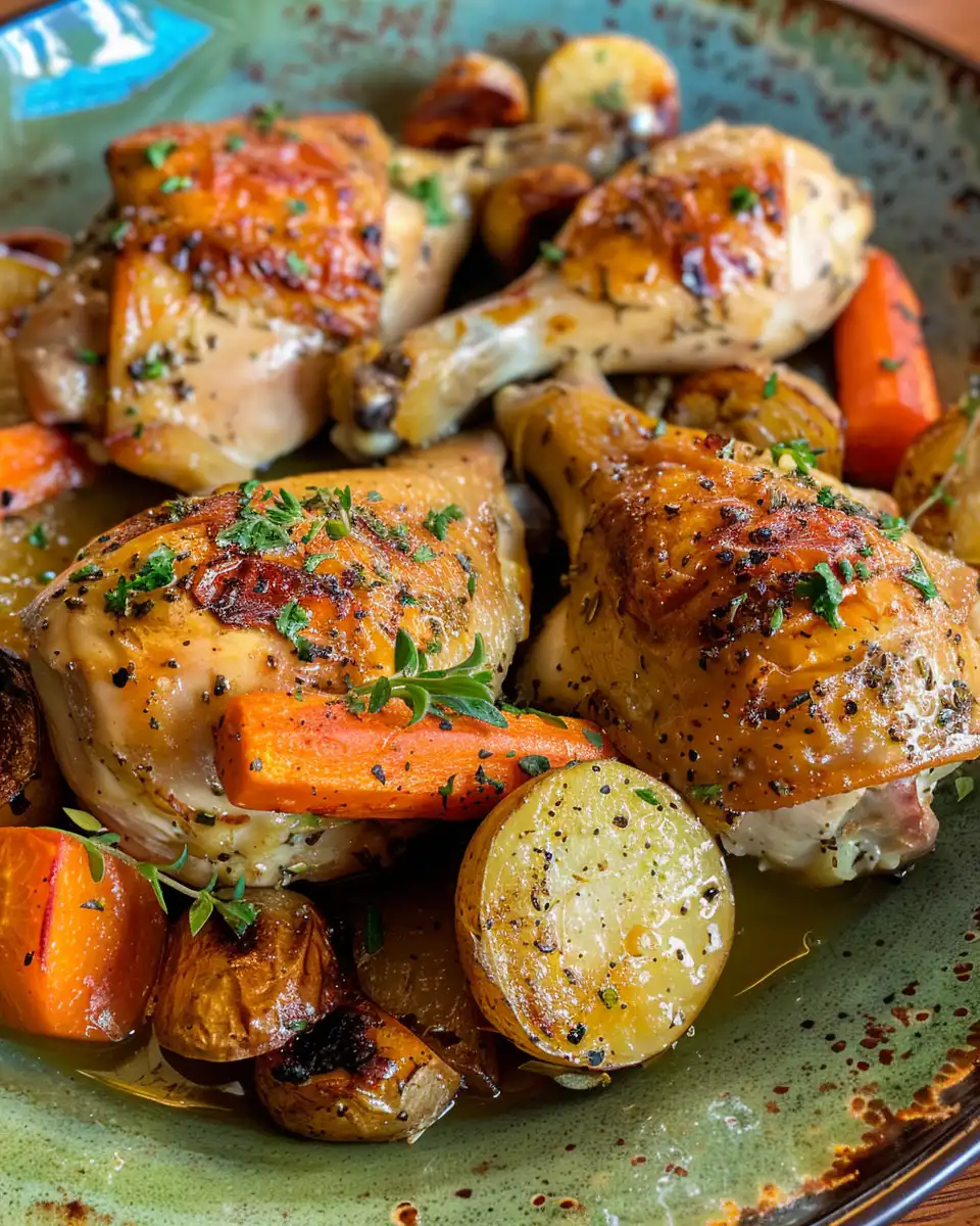 Plated roasted pressure cooker chicken with crispy skin and roasted vegetables