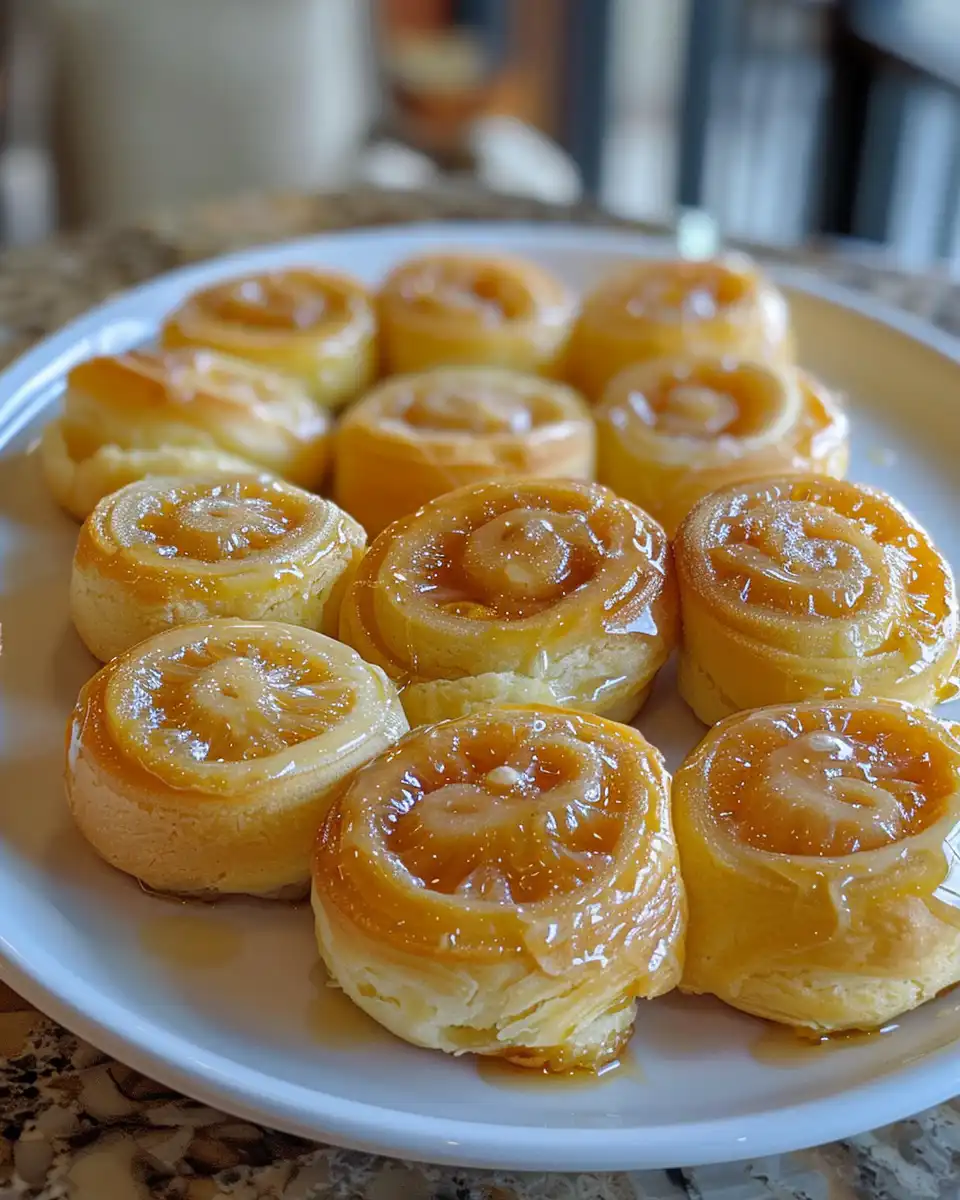 Golden pecan rolls fresh from pressure cooker with orange cream cheese glaze
