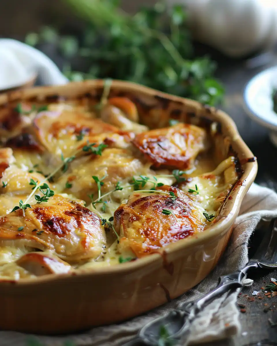 Close up of ingredients for French chicken casserole including bacon, apples, and fresh herbs