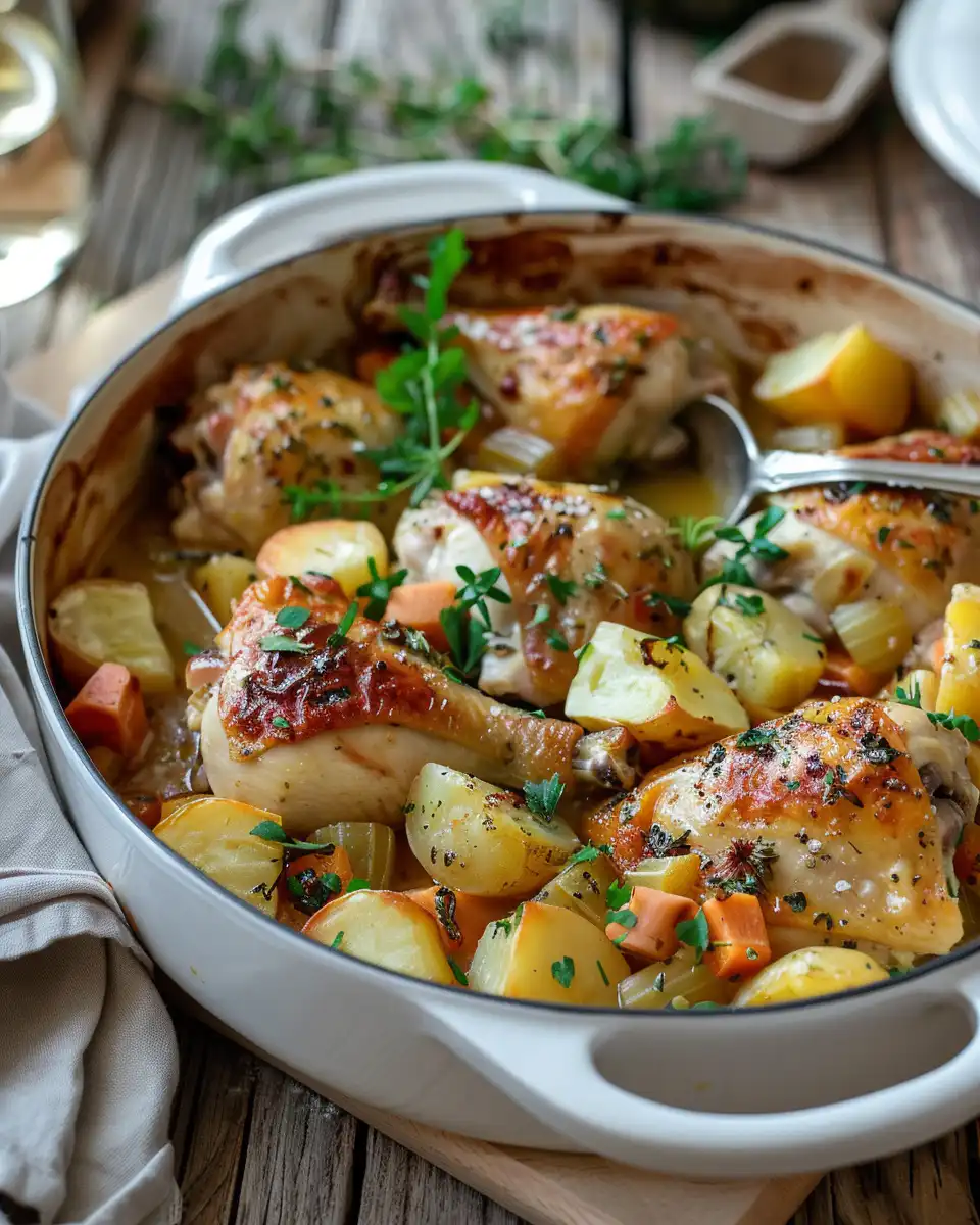 Final plated French chicken casserole a la Normande with tender chicken and caramelized apples