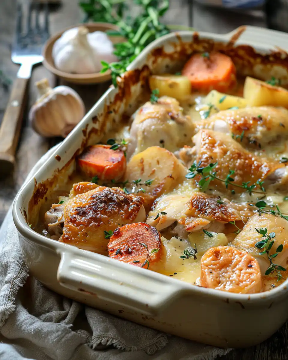 Close up ingredients including caramelised apples and aromatic herbs for French chicken casserole La Normande
