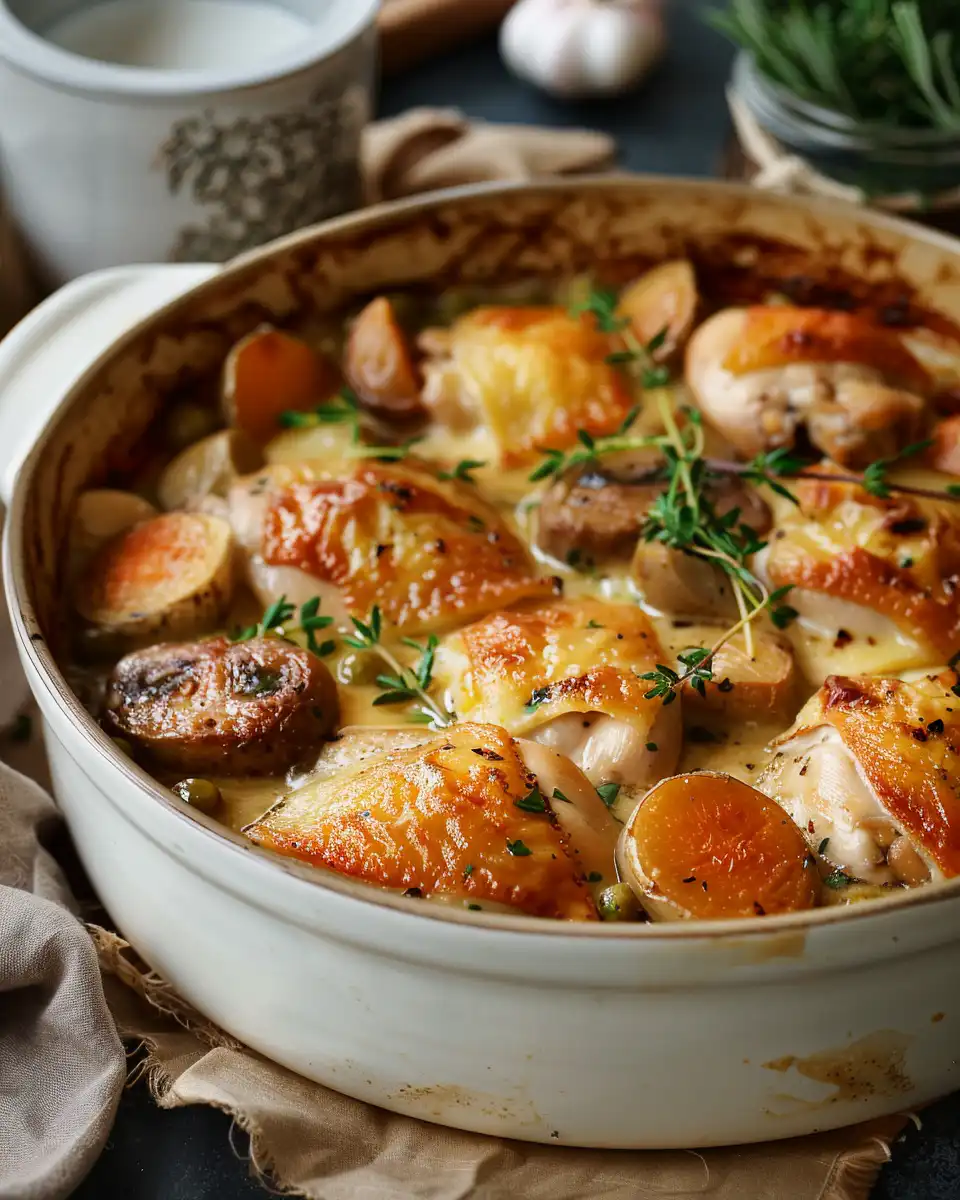 Finished French chicken casserole La Normande served with creamy sauce and caramelised apples