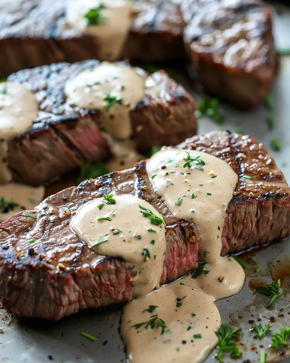 Close-up of crushed peppercorns and tenderloin steak prepping with rich ingredients
