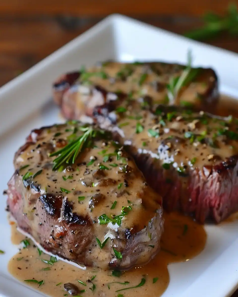 Served French seared steak with cognac cream sauce showcasing the final dish ready to eat