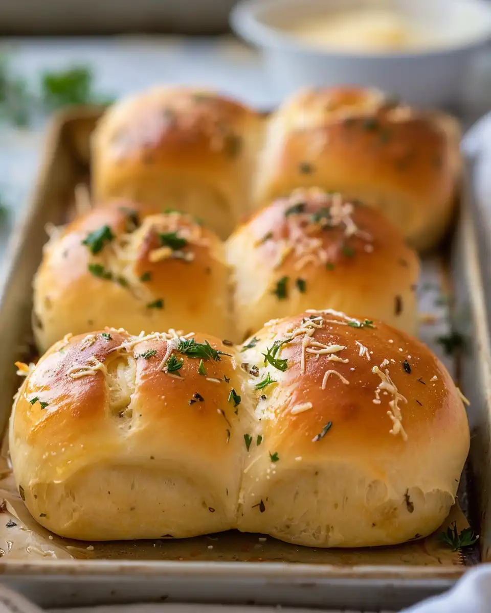 Close-up of freshly baked golden garlic butter rolls ready to serve