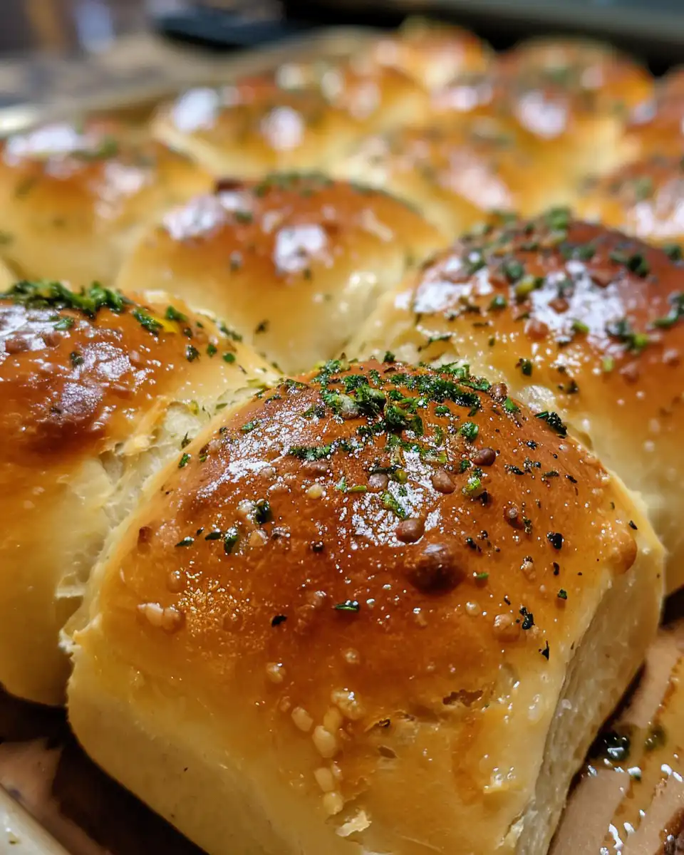 Fresh garlic butter bread rolls cooling on a tray