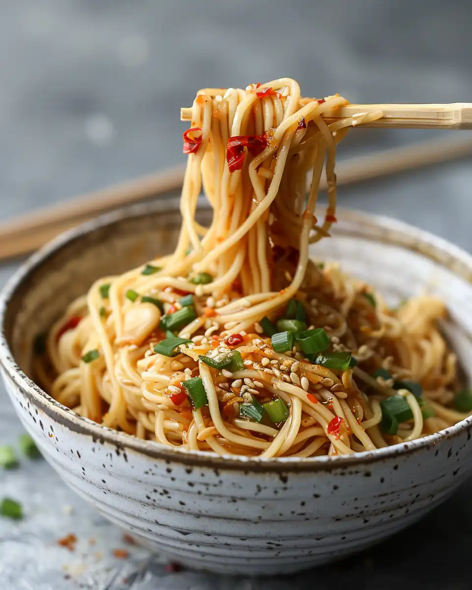 Finished plate of garlic chili oil noodles garnished with sesame seeds and green onions