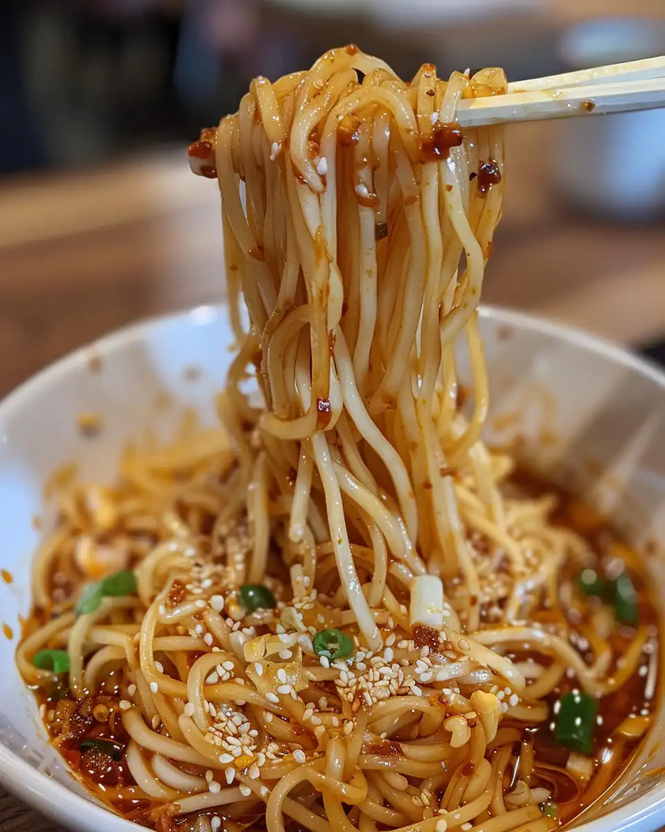 Steam rising from pressure cooker with garlic chili oil noodles inside