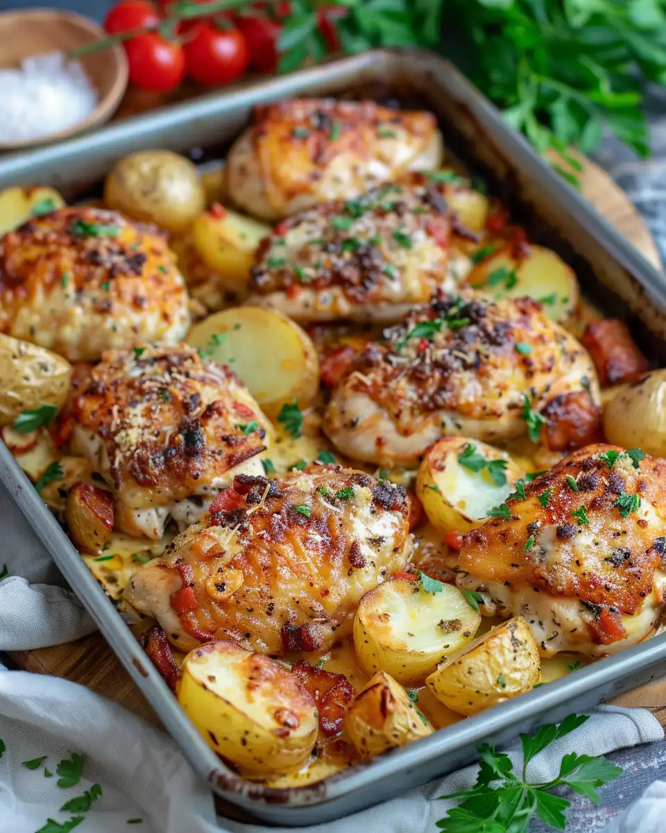 Finished garlic Parmesan chicken and potatoes with melted cheese and golden crust
