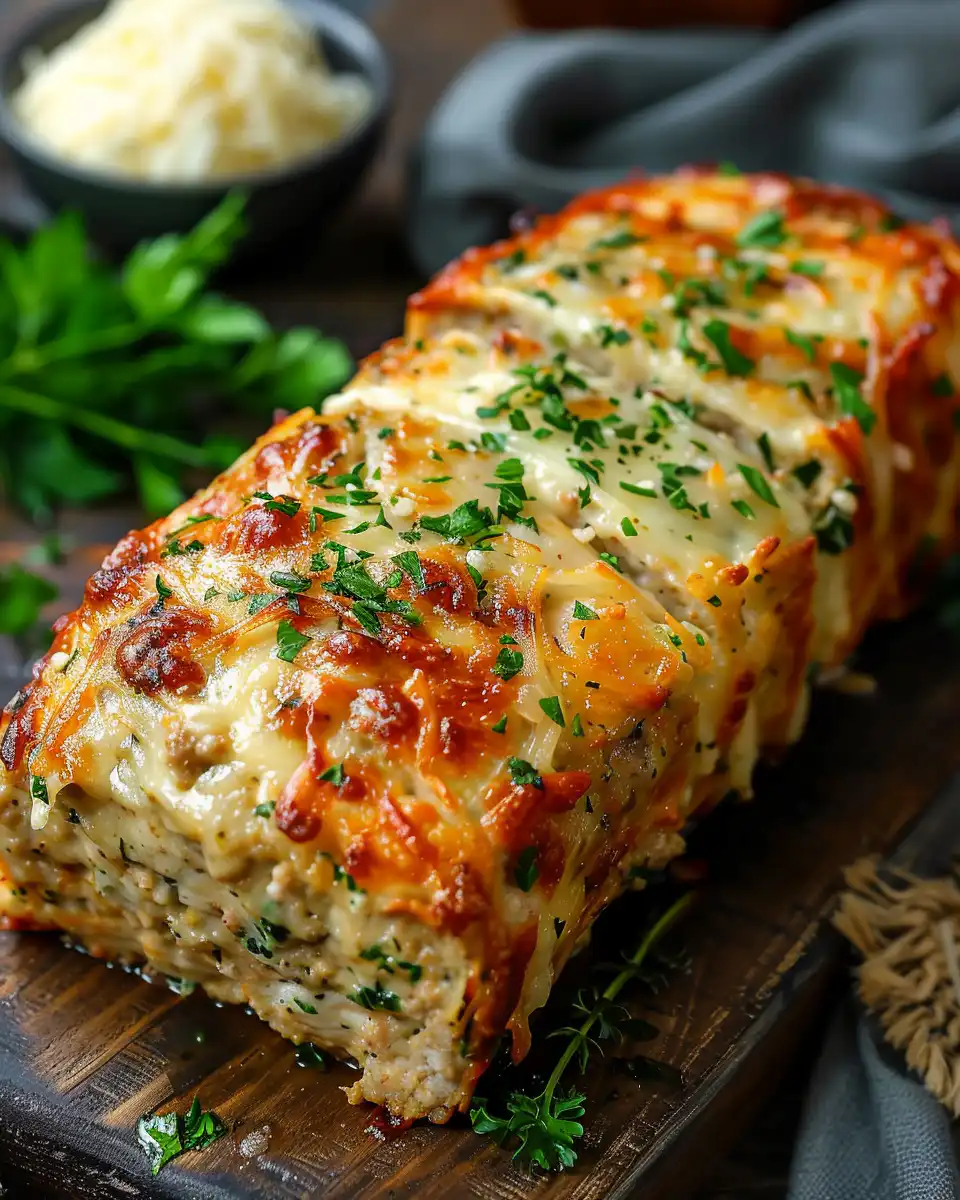 Sliced garlic Parmesan chicken meatloaf ready to serve
