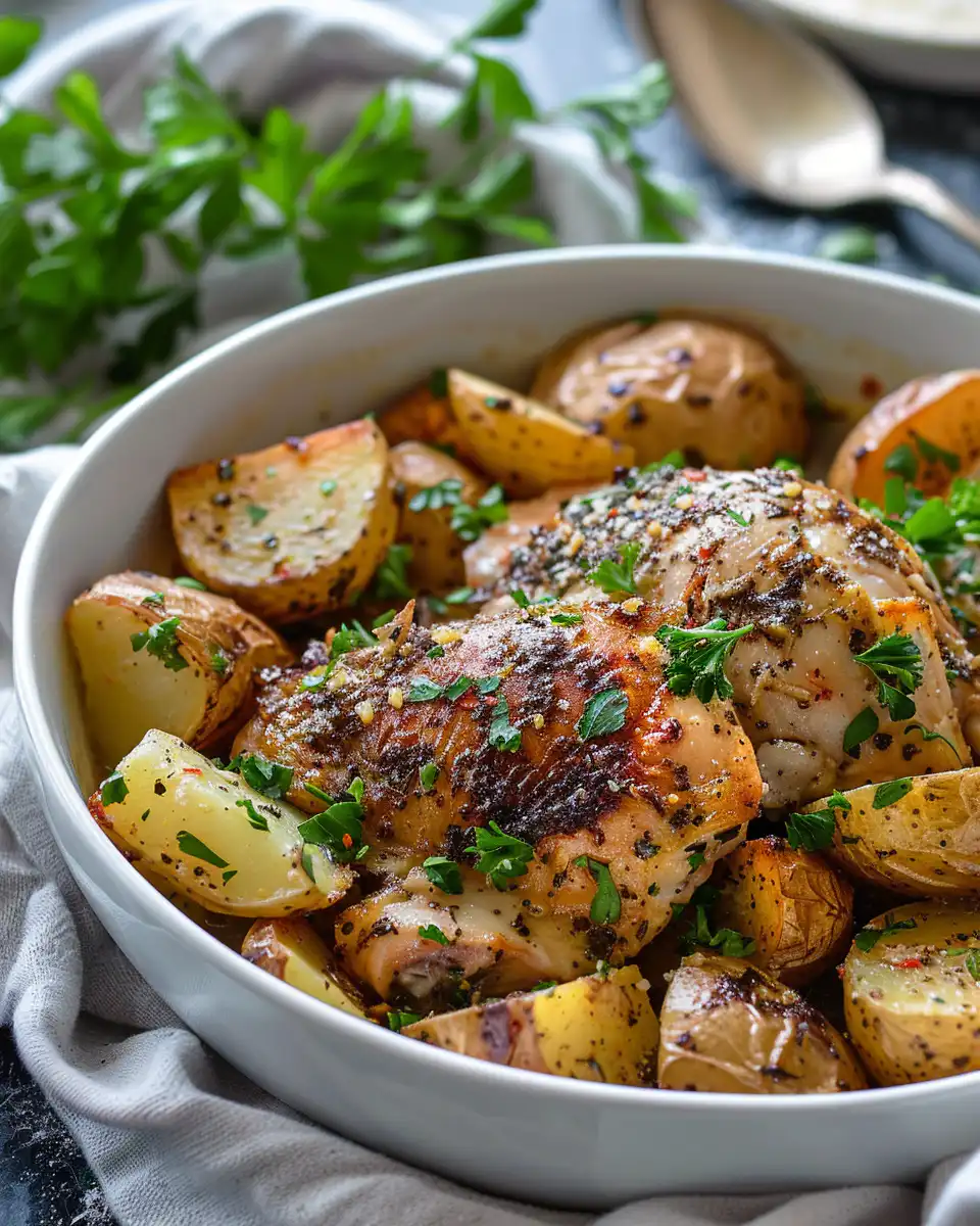 Served garlic parmesan crockpot chicken and potatoes plated with mozzarella melted on top