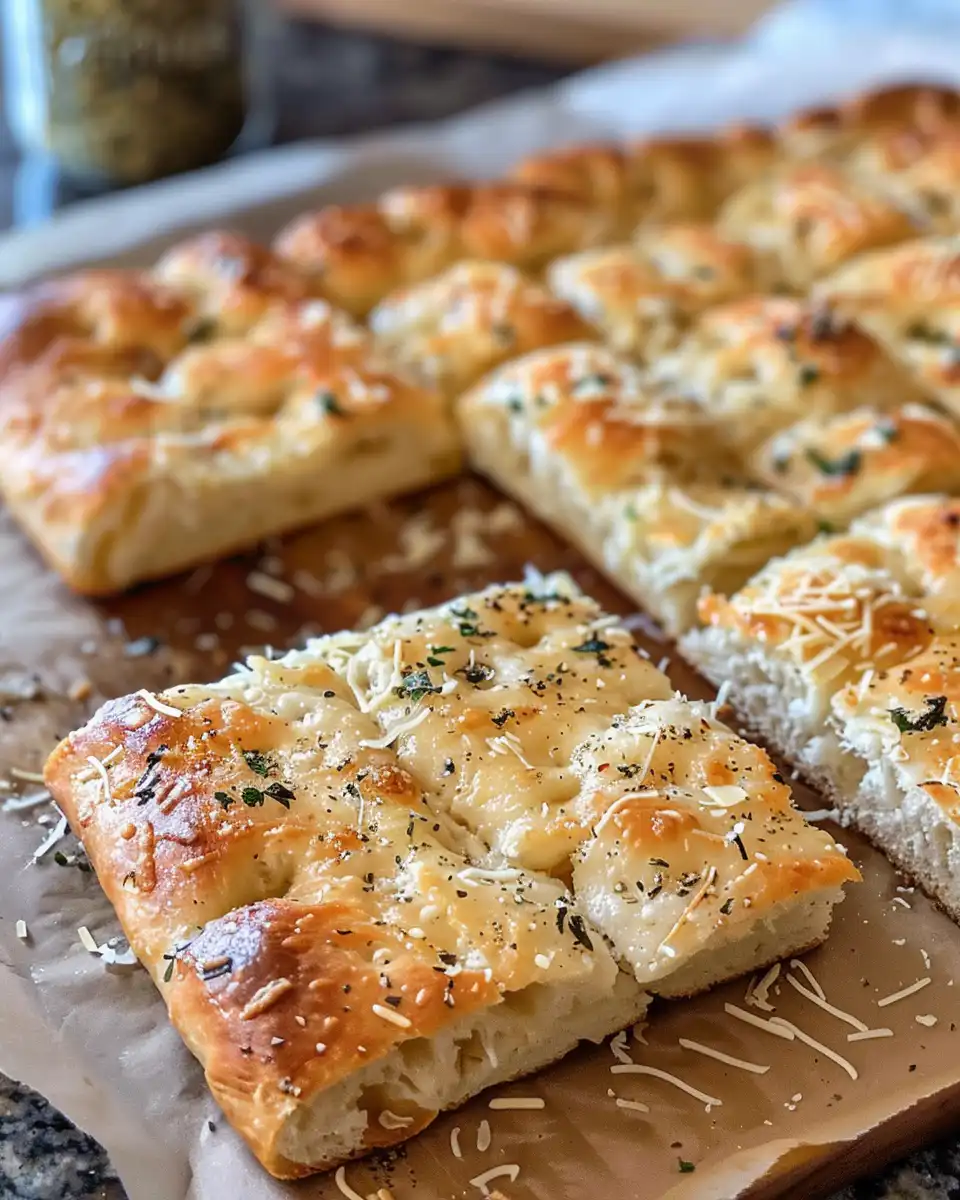 Golden baked garlic Parmesan focaccia bread fresh out of the oven