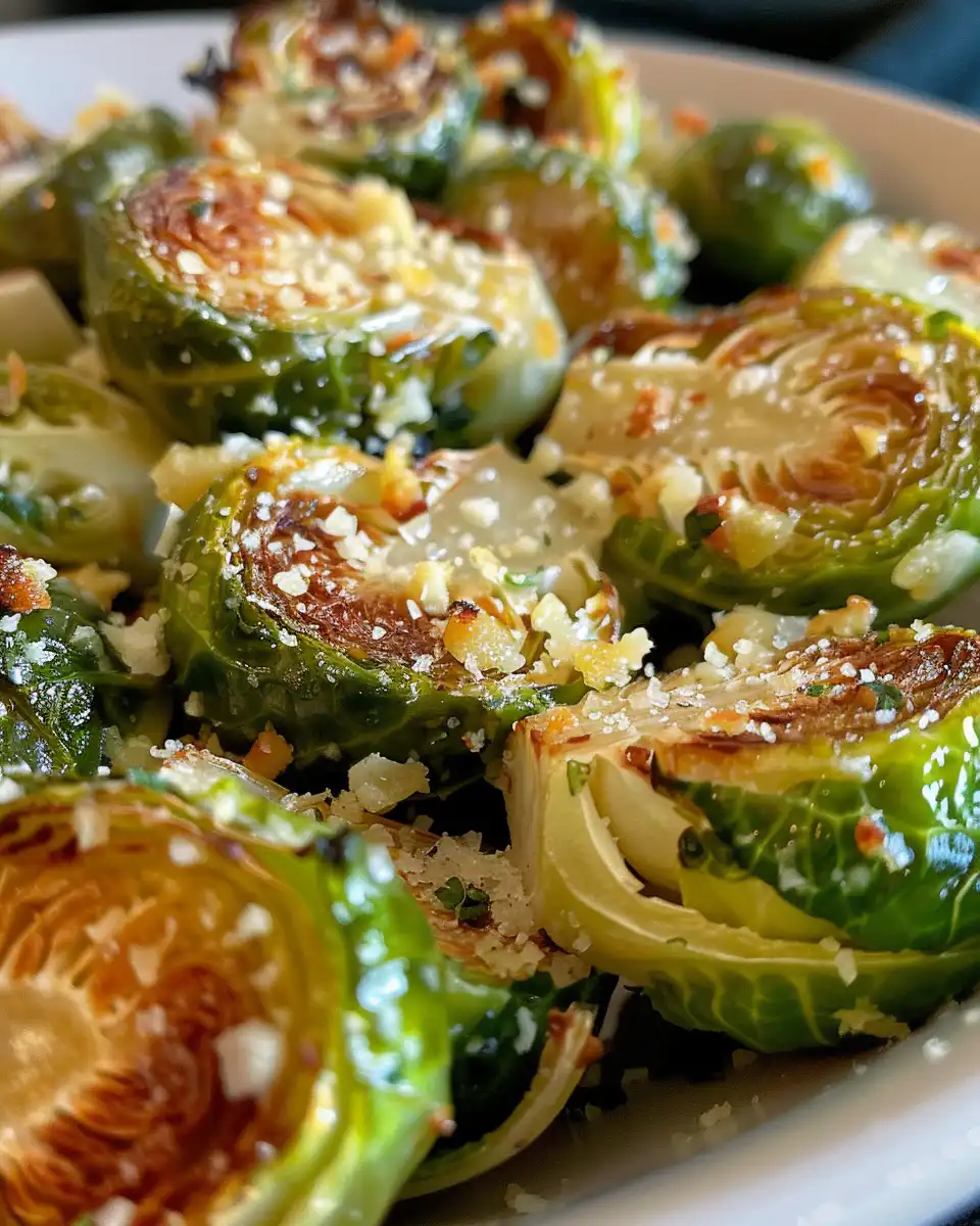 Ingredients mixed for garlic parmesan Brussels sprouts before cooking