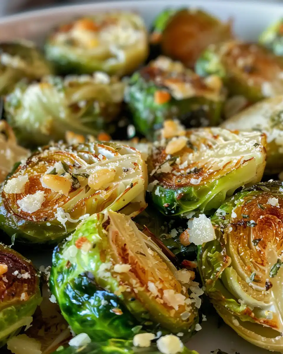 Golden crispy garlic parmesan Brussels sprouts ready to serve on a plate