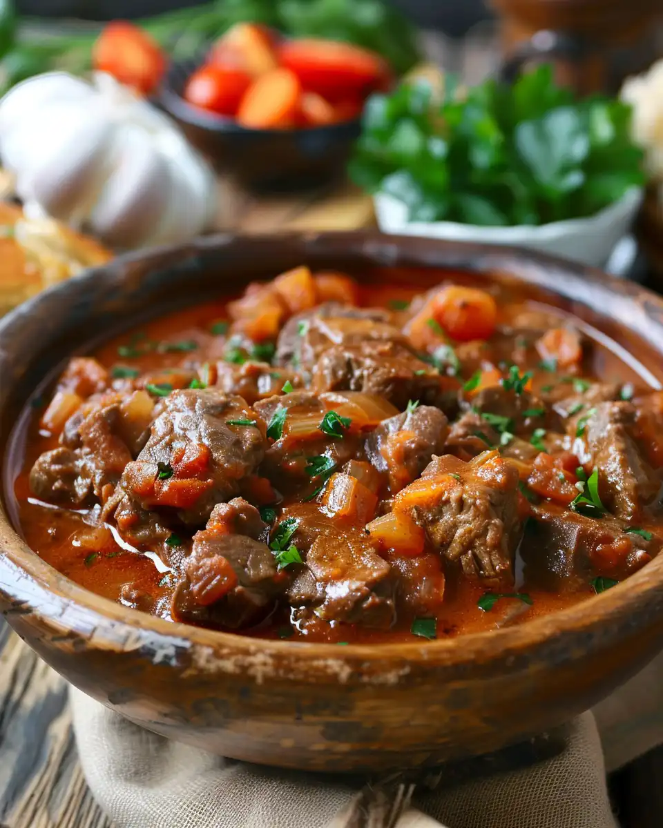 Final plated authentic German goulash with creamy sauce and tender beef