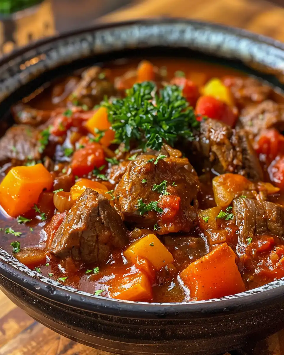 Steam rising from pressure cooker filled with authentic German goulash