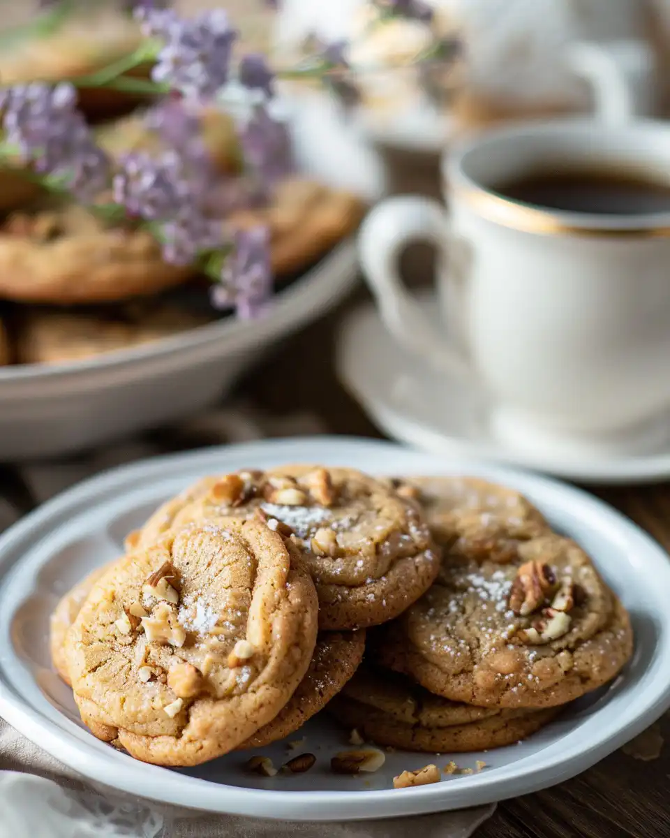 Close-up view of coffee cake cookie ingredients like brown sugar, cinnamon, and pecans