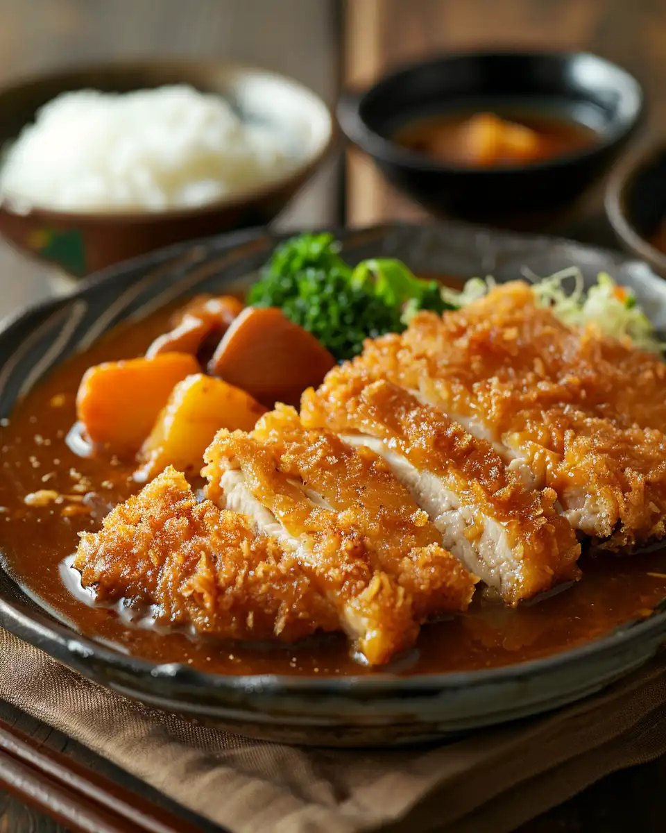Close-up of crispy breaded tofu and vibrant Japanese curry sauce