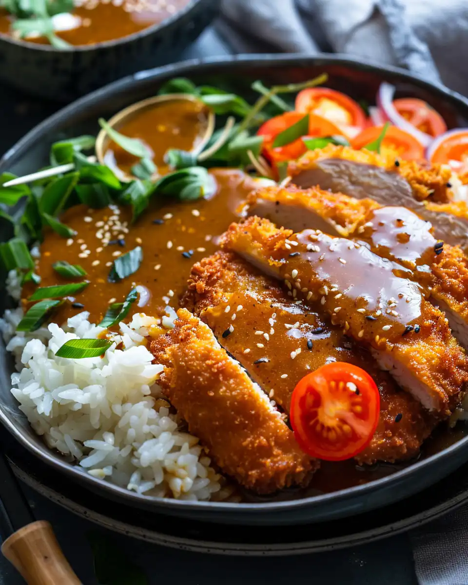 Serving of golden crisped chicken katsu curry plated with rice and sauce