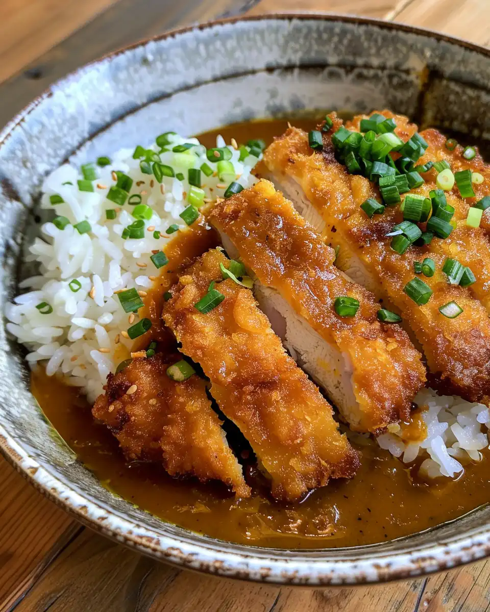 Golden crisped chicken katsu curry with rich Japanese gravy in a bowl
