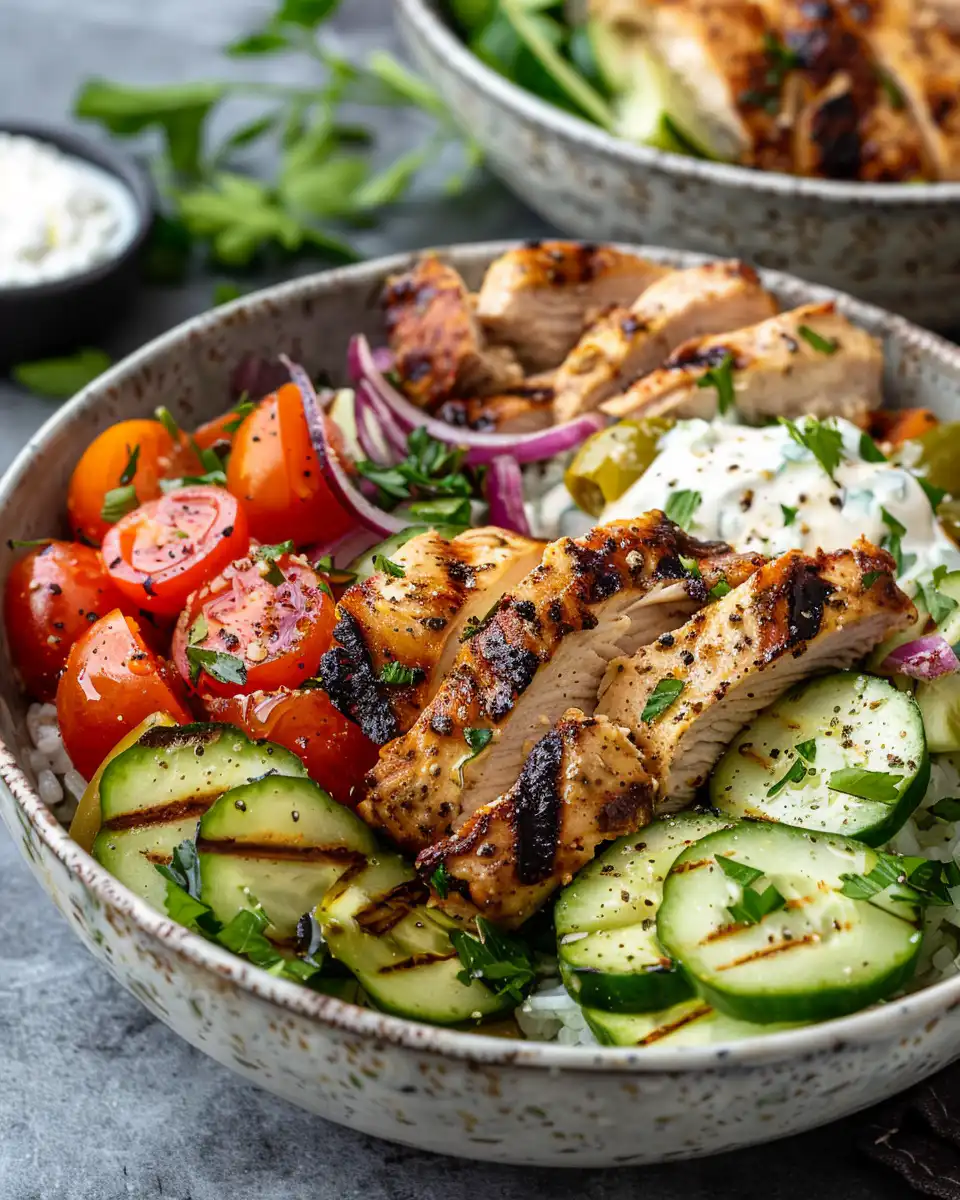 Close up of fresh Greek chicken gyro bowl ingredients including sliced red onions, cherry tomatoes and feta