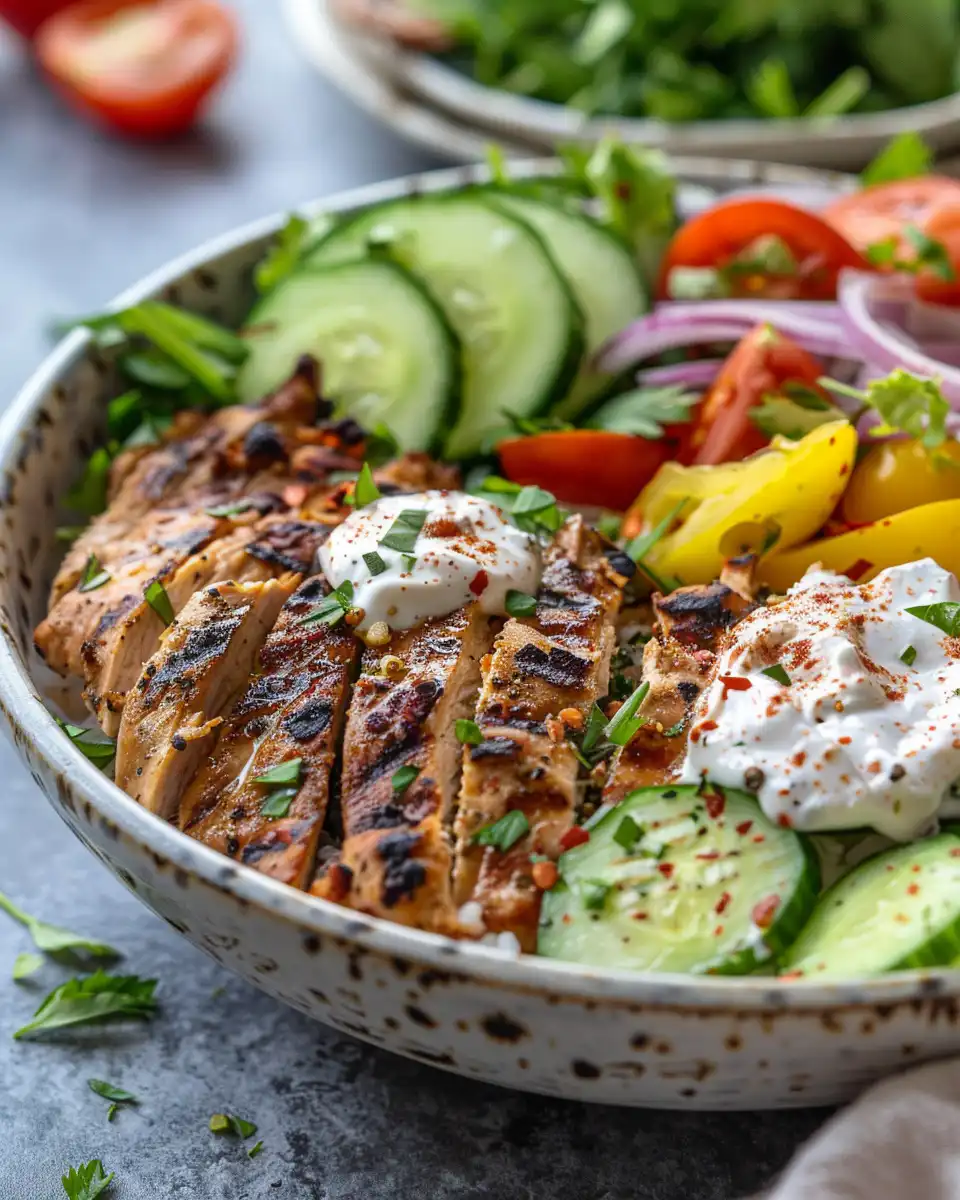 Final plated Greek chicken gyro bowl with fresh toppings and tzatziki
