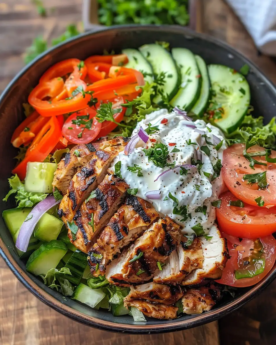 Juicy Greek chicken gyro bowls fresh from the pressure cooker with vibrant veggies