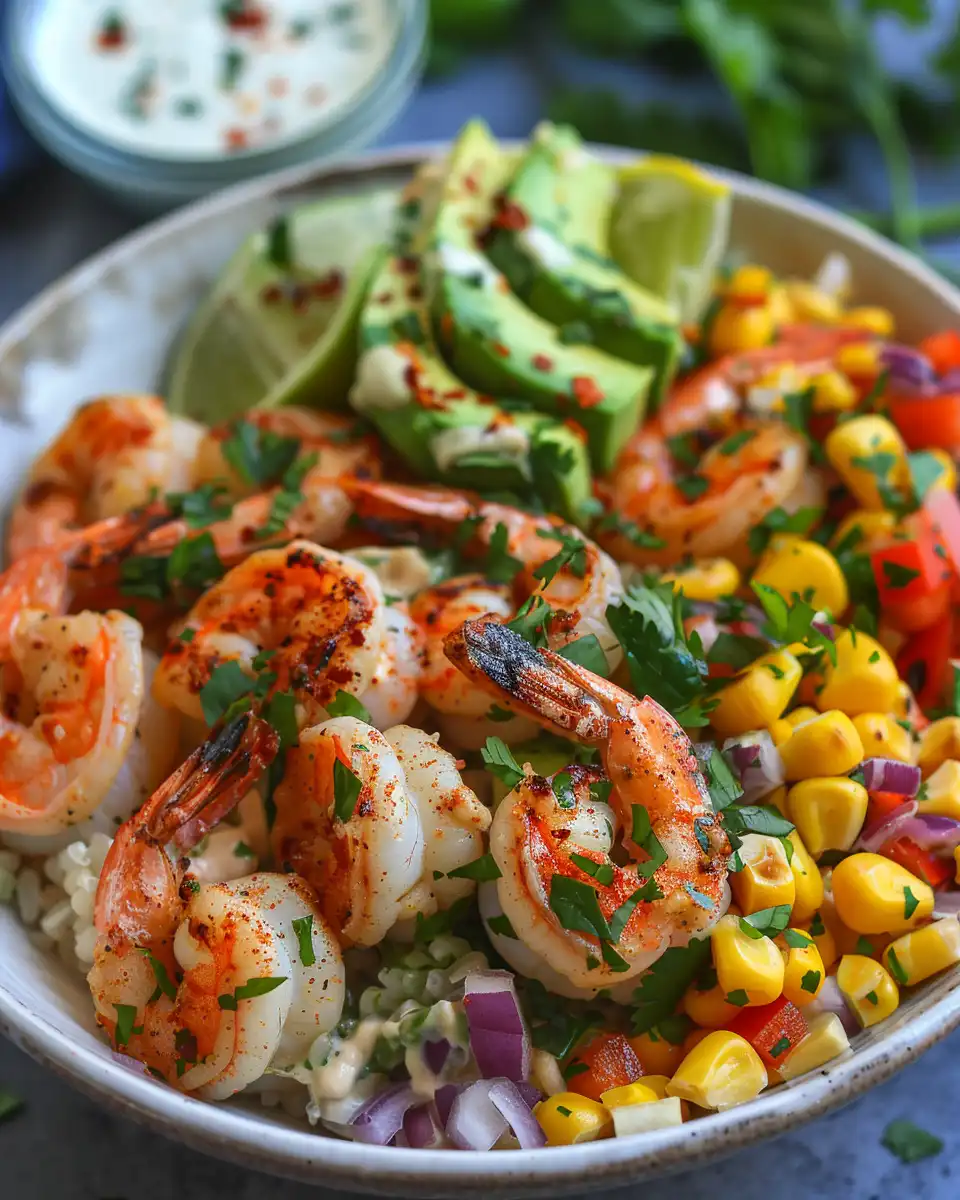 Close-up of grilled shrimp with avocado corn salsa and creamy garlic sauce