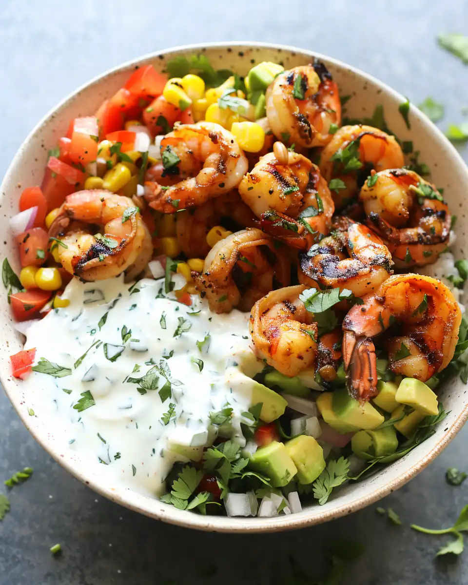Final plated grilled shrimp bowl with avocado corn salsa and creamy garlic sauce