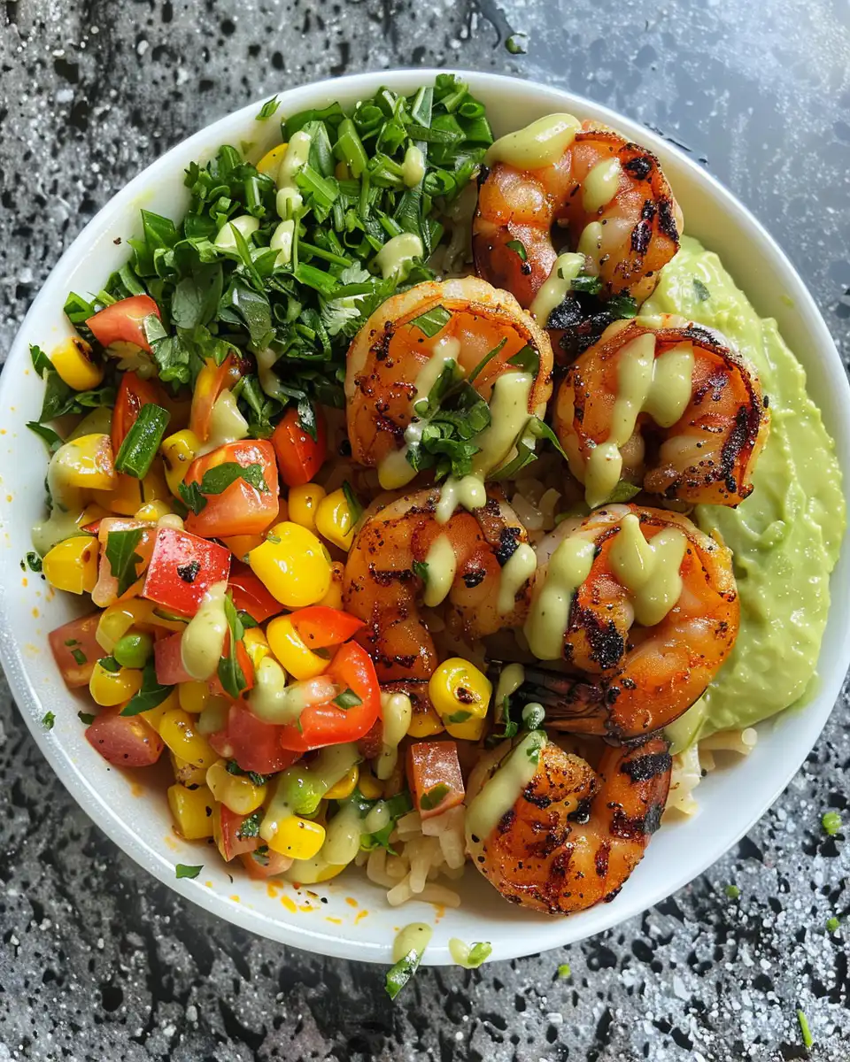 Grilled shrimp bowl with avocado corn salsa and garlic sauce in summer setting