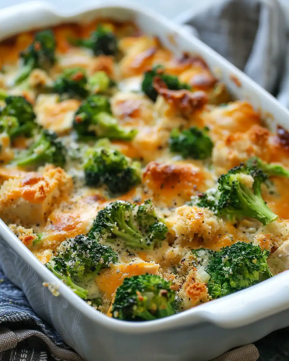 Close-up ingredients for broccoli chicken casserole recipe including broccoli, chicken, and cheese