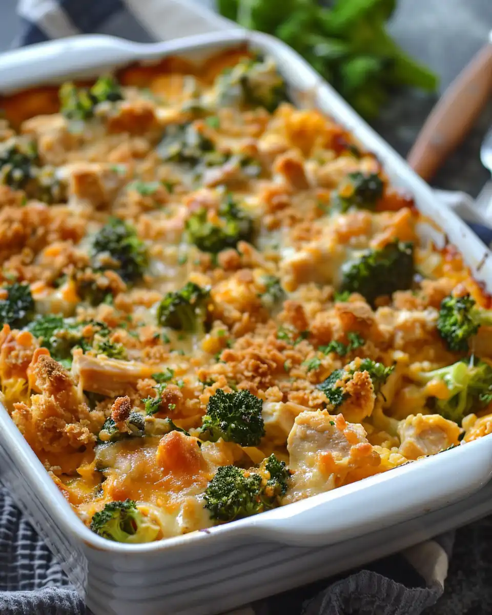 Slice of finished broccoli chicken casserole with melted cheese and broccoli