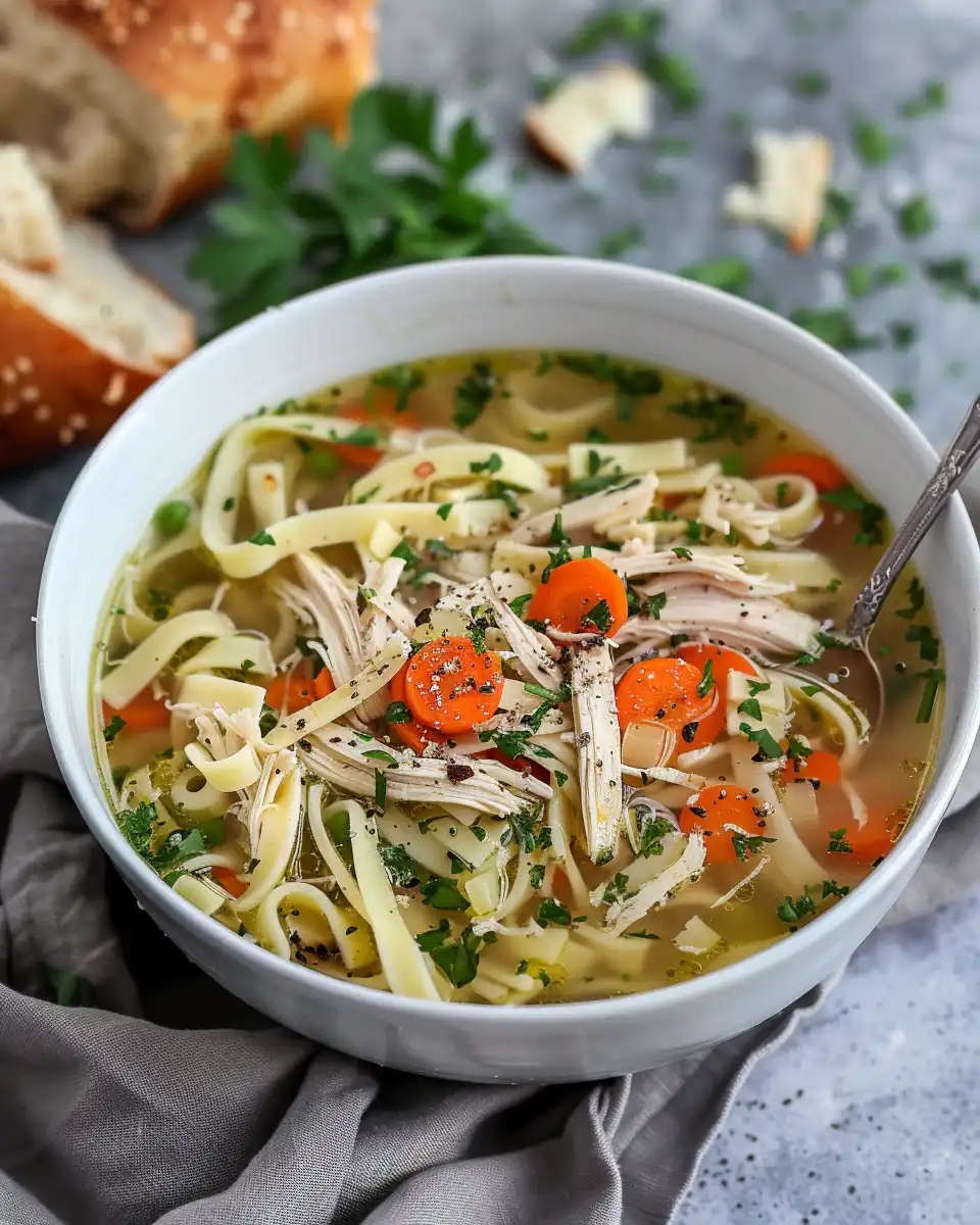 Final served bowl of chicken noodle soup ready to enjoy