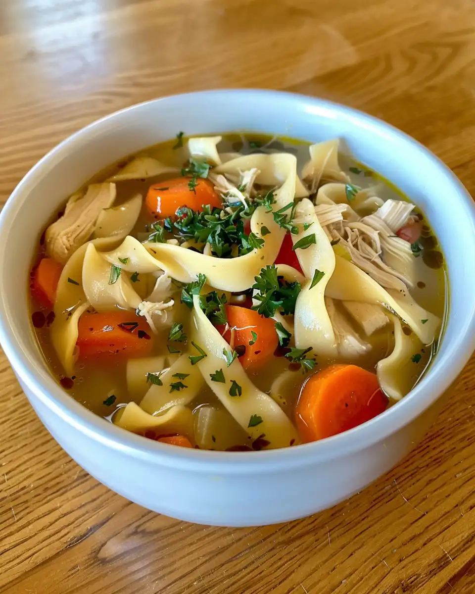Hearty chicken noodle soup simmering with tender chicken and vegetables