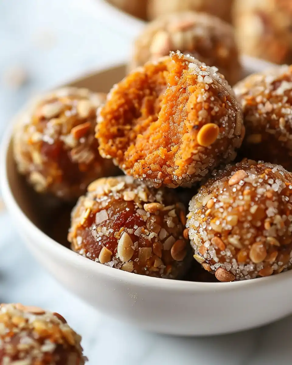 Final plated sweet potato bliss bites coated in coconut and seeds ready to enjoy