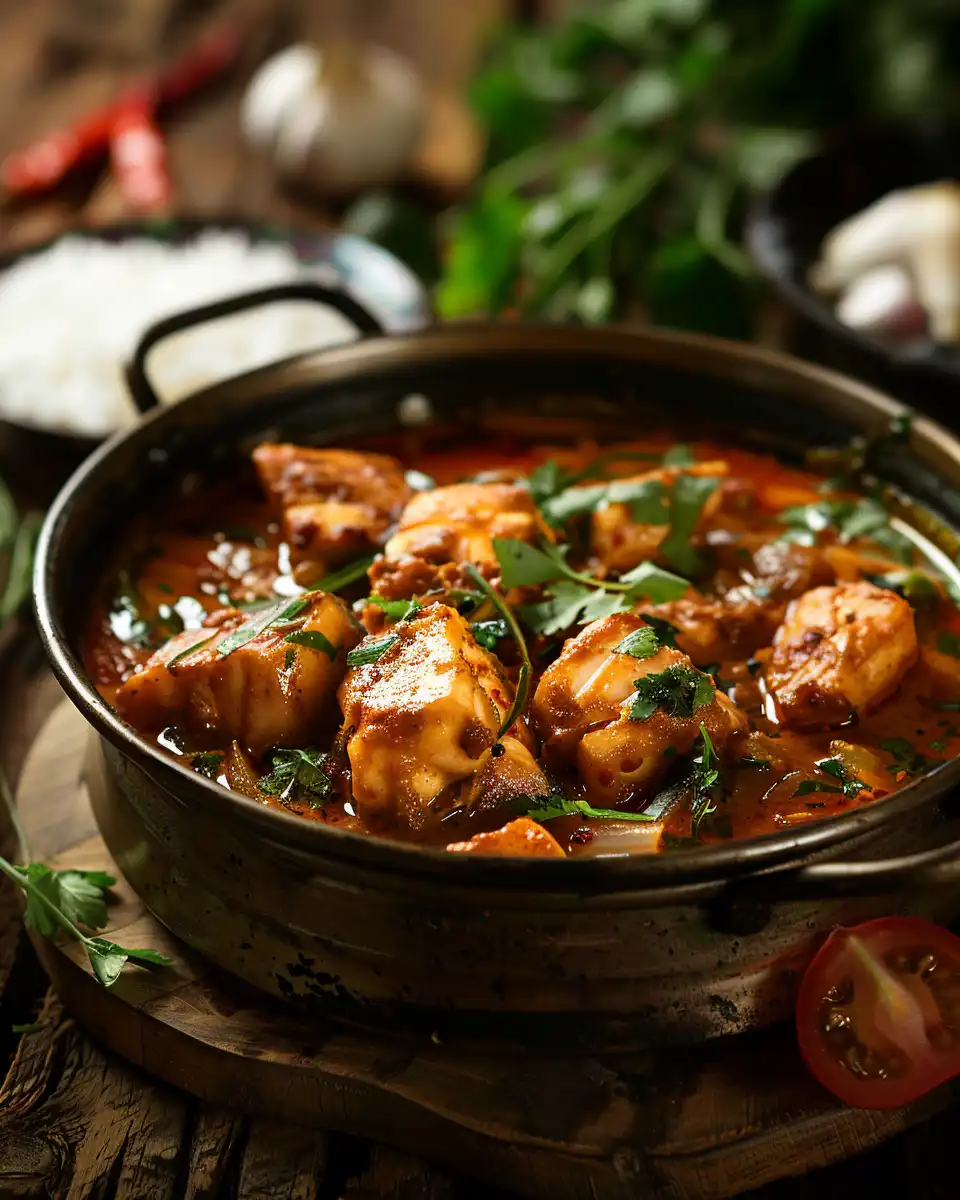 Detailed ingredients for Indian fish curry including spices and onions
