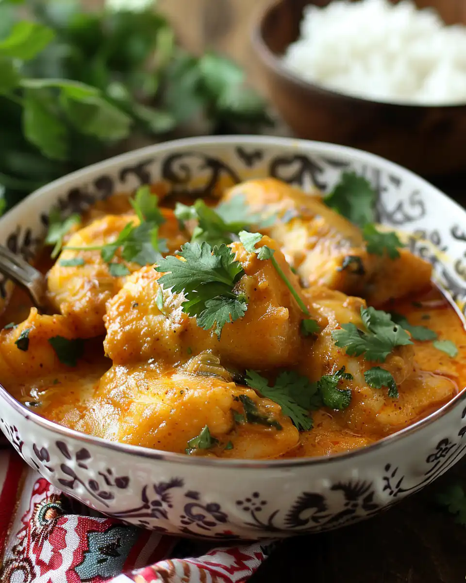 Serving of cooked Indian fish curry plated with herbs