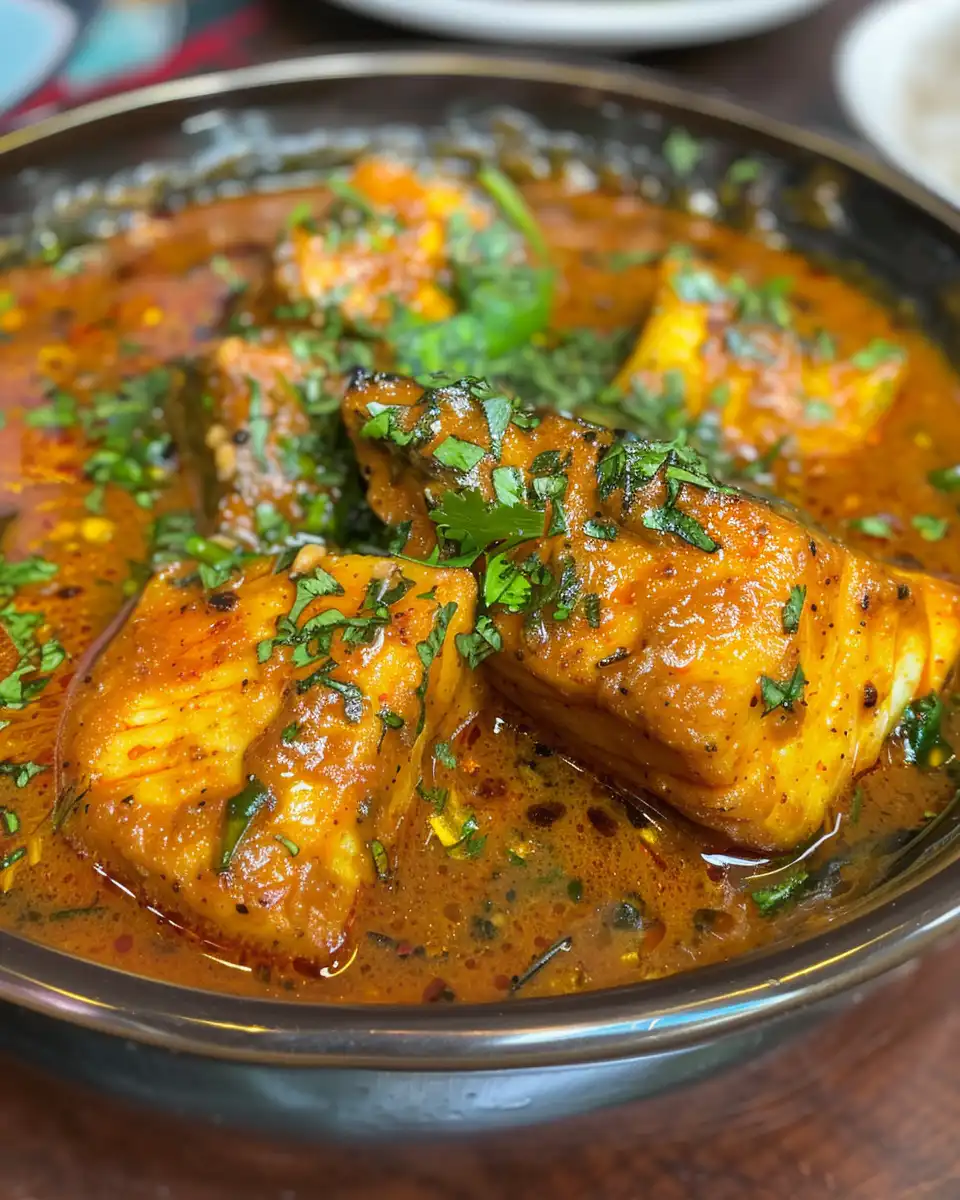 Pressure cooked fish curry steaming in pot with float valve visible