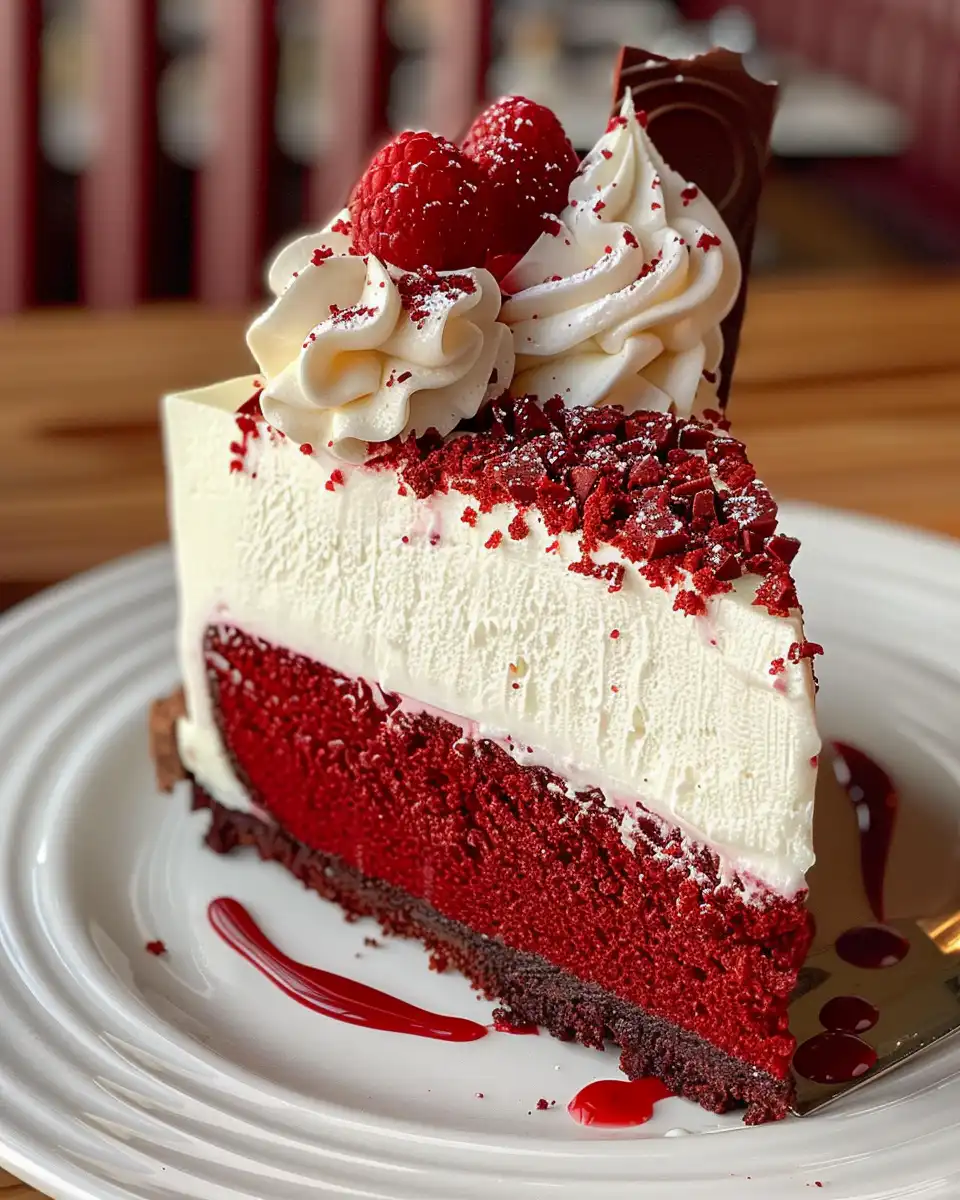 Finished red velvet cake with cream cheese frosting served on plate